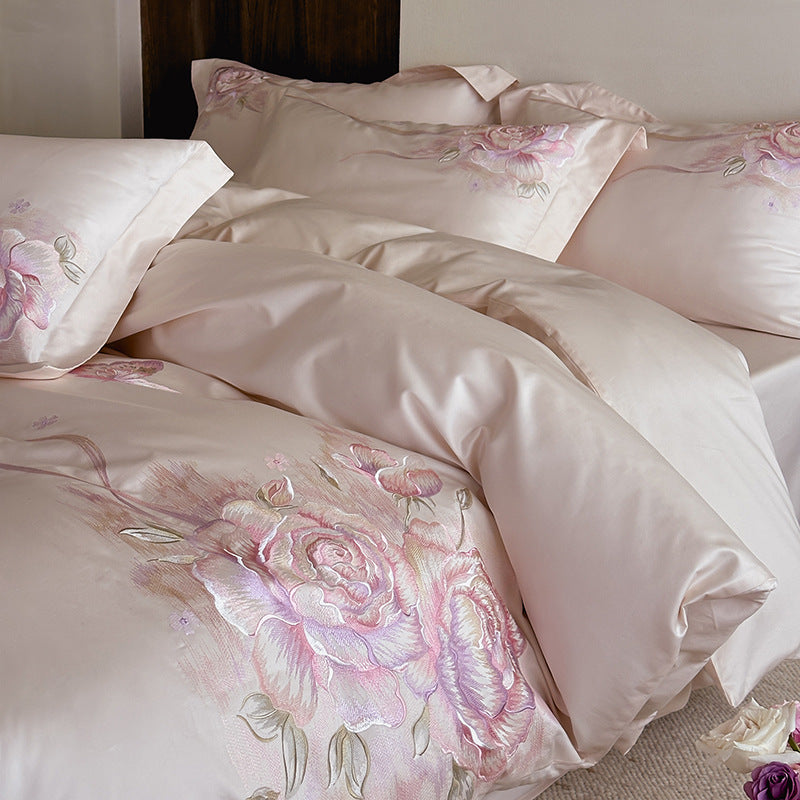 Luxuriöses Satin-Bettwäsche-Set mit floraler Stickerei