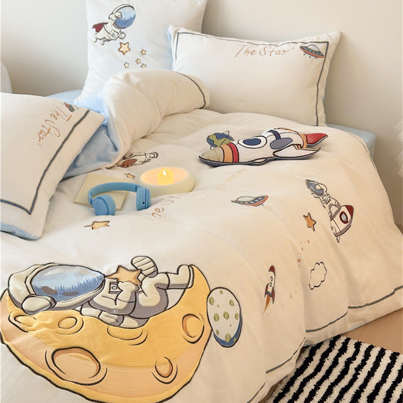 Kinder-Bettwäsche-Set aus softem Baumwoll-Mischgewebe mit gesticktem Astronauten- und Raketenmotiv