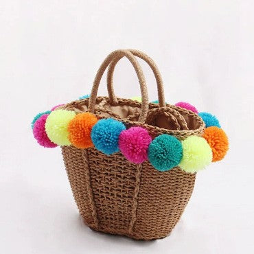 Damen Strandtasche mit bunten Pompons Karnz