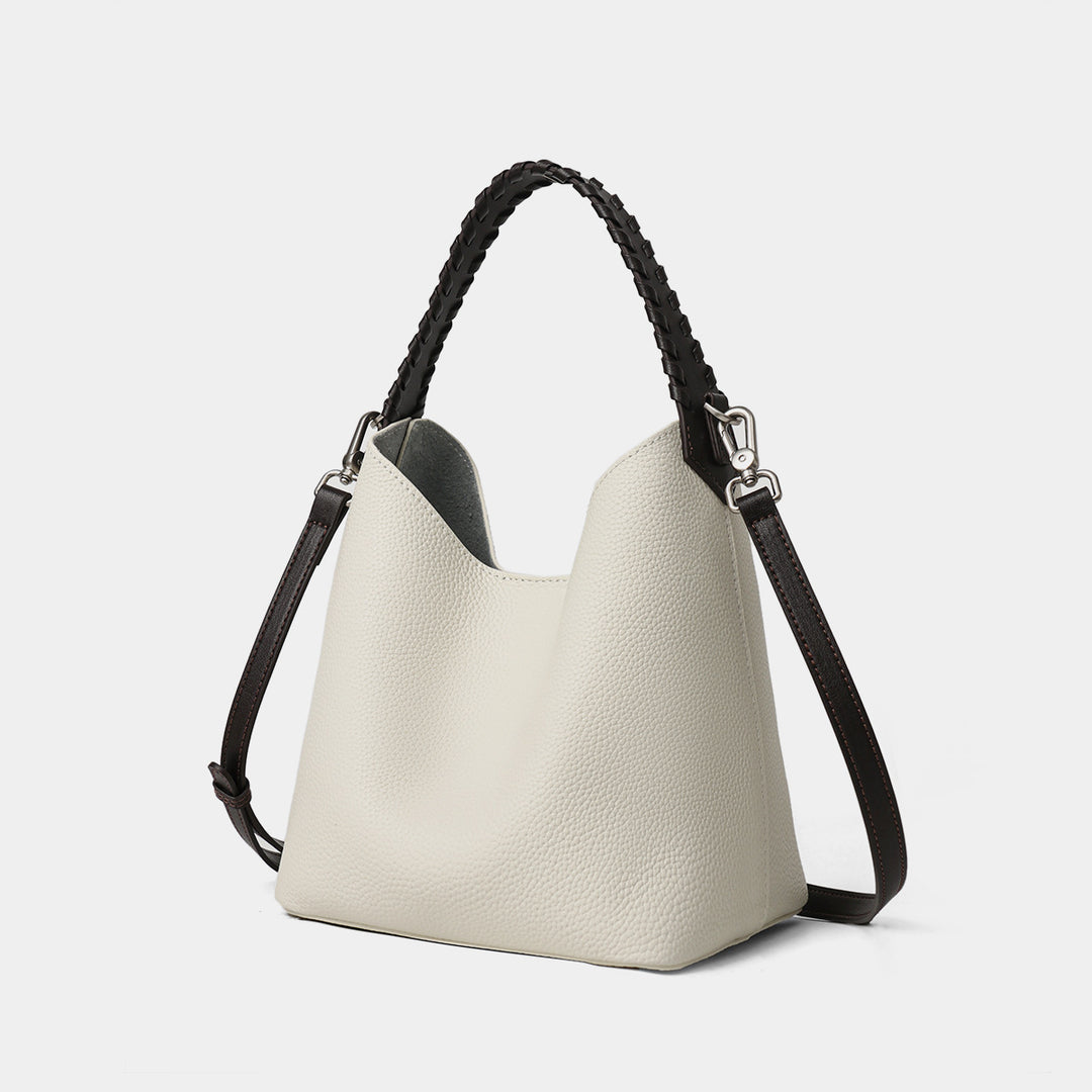 Geriffeltes Leder Bucket Hobo Bag mit geflochtenem Tragegriff und abnehmbarem Schultergurt