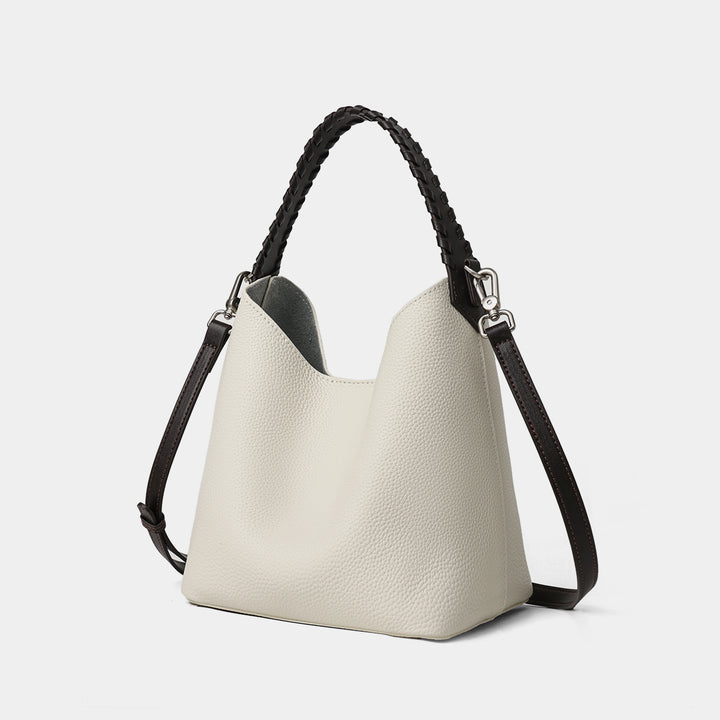 Geriffeltes Leder Bucket Hobo Bag mit geflochtenem Tragegriff und abnehmbarem Schultergurt