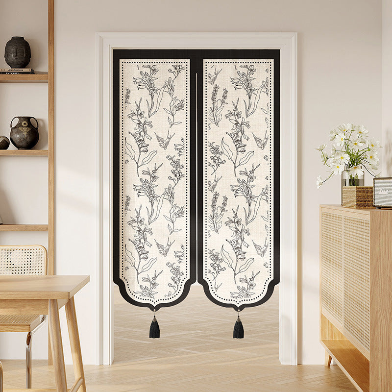 Decorative Split Noren Door Curtain Panel with Floral Jacquard and Tassel Weights