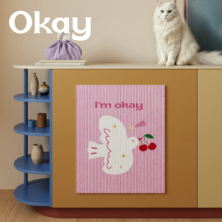 Decorative Cotton-Linen Wall Tapestry Panel with Printed Dove and Cherry Illustration