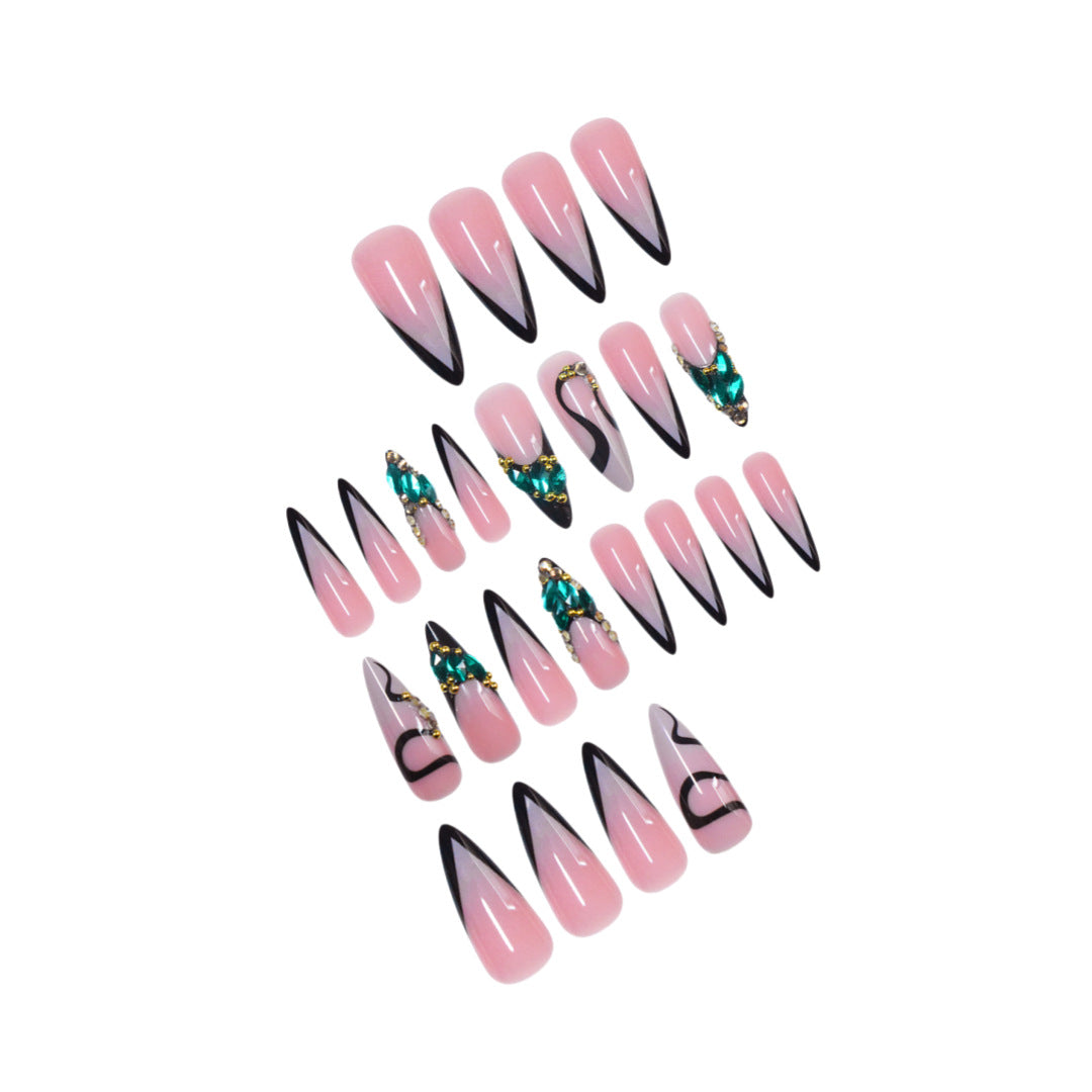 Künstlerische Stiletto Press-On Nagelkunst mit Edelsteinakzenten Karnz