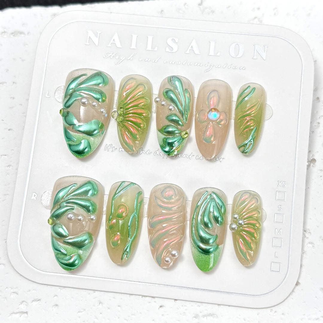 Künstlerisch Floral-Inspirierte Press-On Nagelset