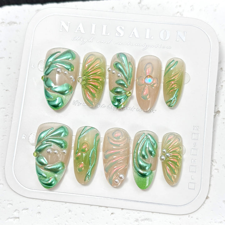 Künstlerisch Floral-Inspirierte Press-On Nagelset