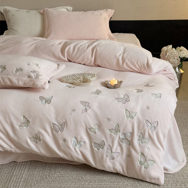 Bestickte Schmetterling Plüsch Mikrofaser Bettbezug Set