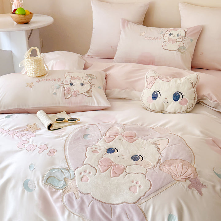 Mädchen-Bettwäschegarnitur im Kawaii‑Look mit Samt‑Applikation und bestickten Katzenmotiven