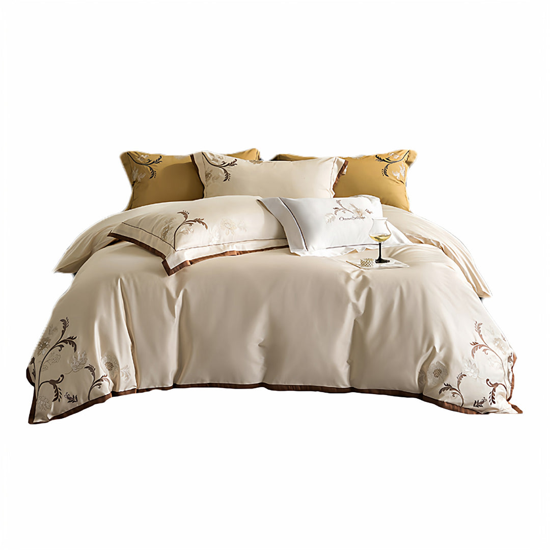 Luxuriöses besticktes Satin-Bettwäsche-Set mit floralem Eckmotiv und Kontrastpaspel