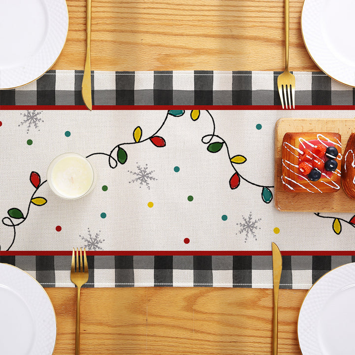 Festlicher Buffalo-Check Baumwoll-Leinen Tischläufer mit fröhlichem Weihnachts-Kieferndesign