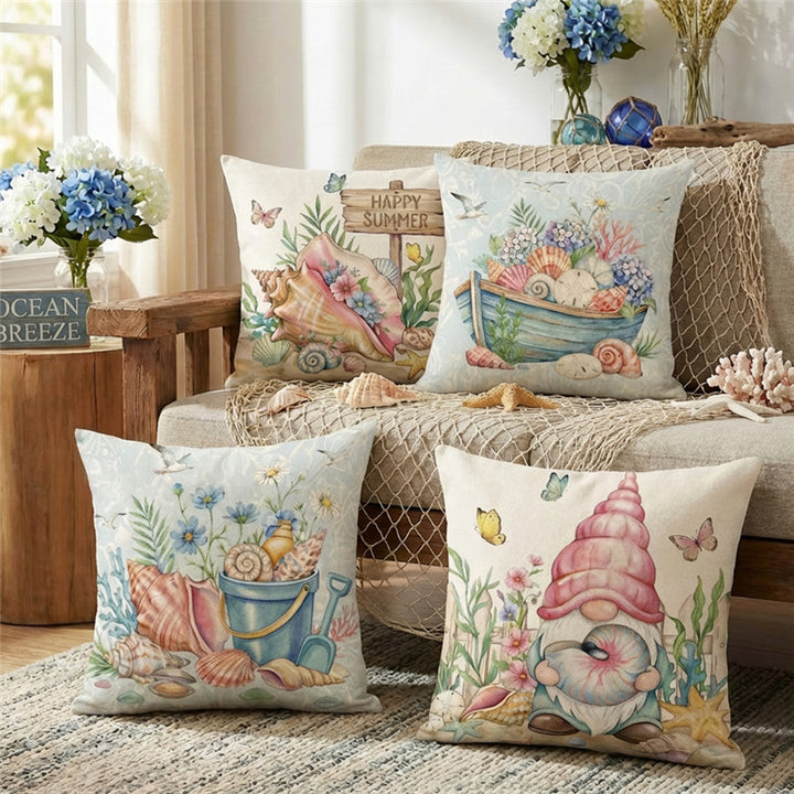 Dekorative Küsten-Leinenkissenhülle mit Aquarell-Muschel-Druck