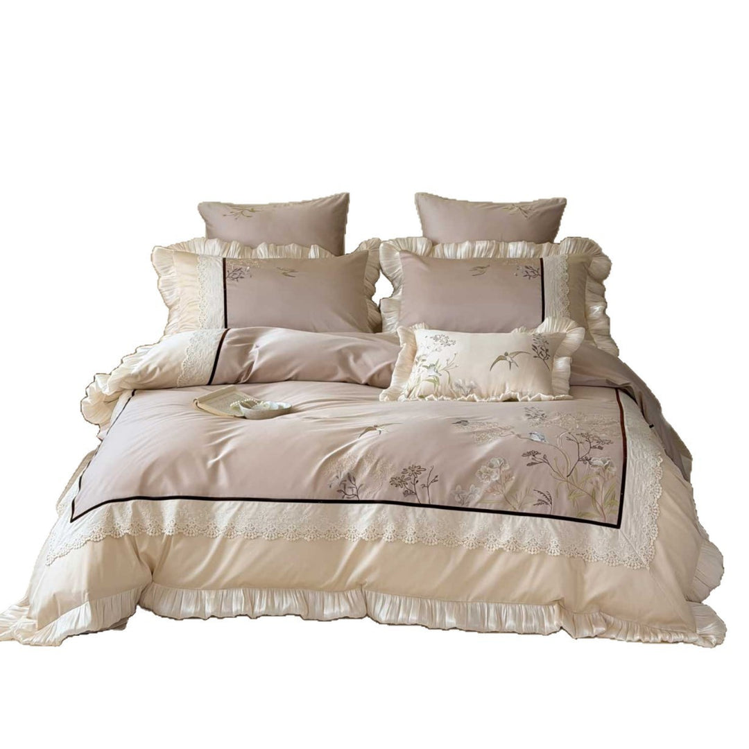 Luxuriös besticktes Satin-Rüsch-Bettwäsche-Set