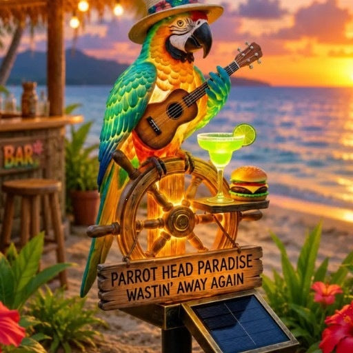 Dekofigur eines lustigen Papageien mit Getränk und Gitarre Karnz