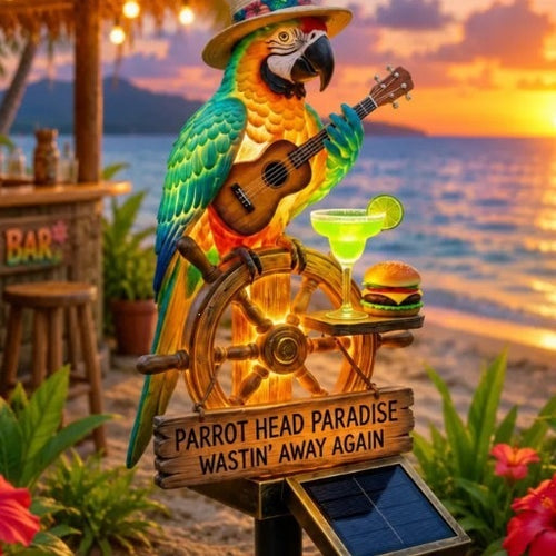 Dekofigur eines lustigen Papageien mit Getränk und Gitarre Karnz