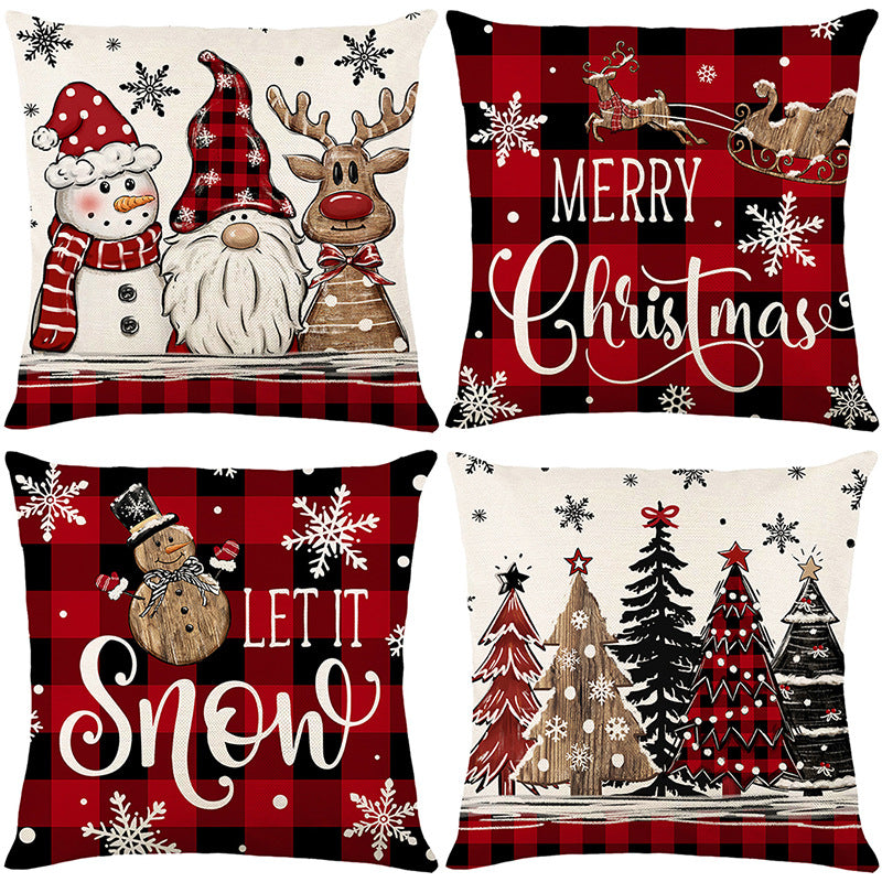 Festive Buffalo Plaid Quadrat Wurfkissenbezug mit 'Let It Snow' Schneemann Druck und verstecktem Reißverschluss