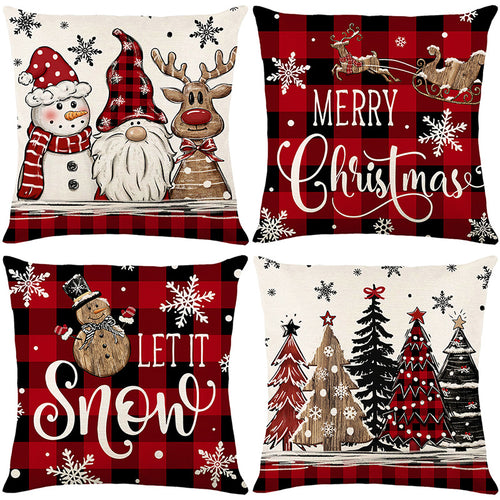Festive Buffalo Plaid Quadrat Wurfkissenbezug mit 'Let It Snow' Schneemann Druck und verstecktem Reißverschluss
