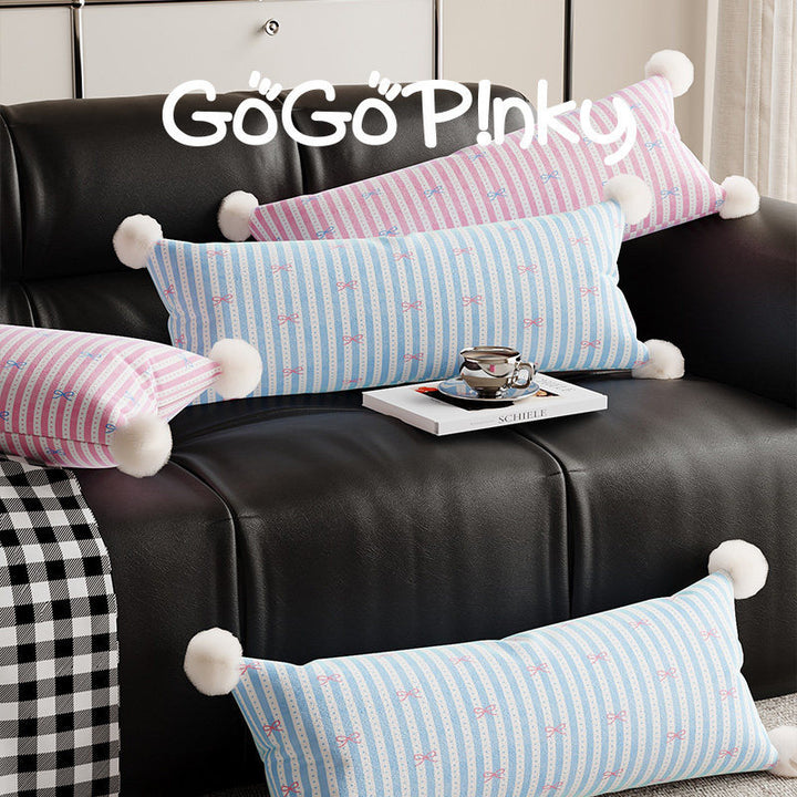 Long Lumbar Decorative Throw Pillow with Pom-Pom Corners and Bow-Striped Cotton-Linen Cover