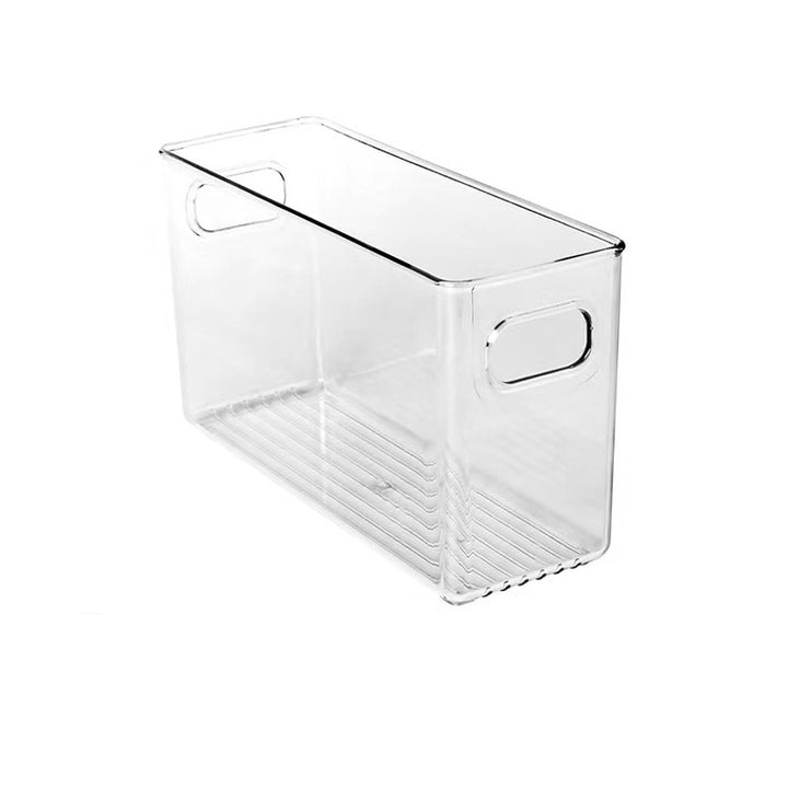 Flache transparente Aufbewahrungsbox mit integrierten Griffen und rutschfestem Boden