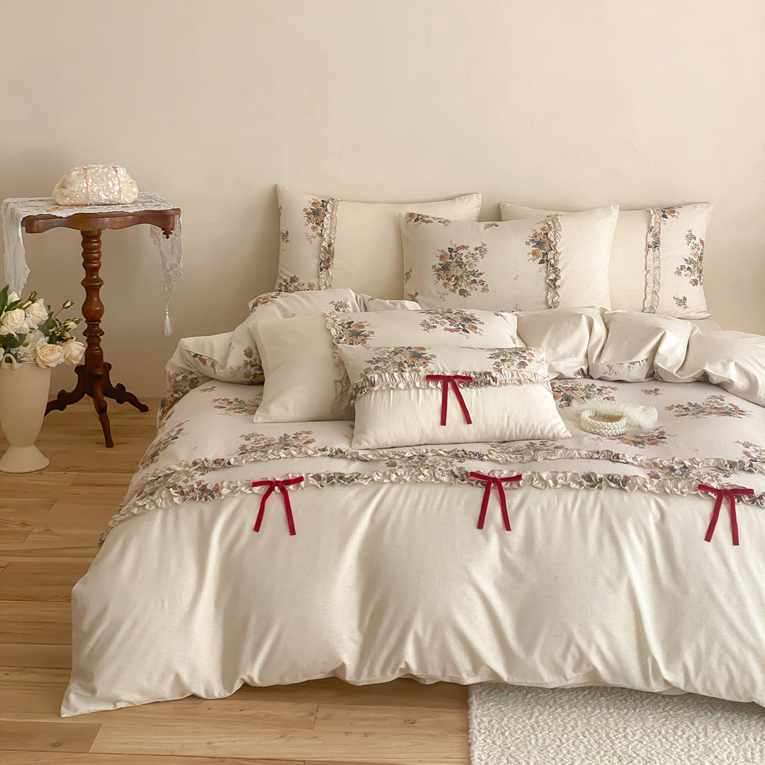 Floral Rüsch Baumwollsatin Bettbezug Set mit dekorativen Schleifen
