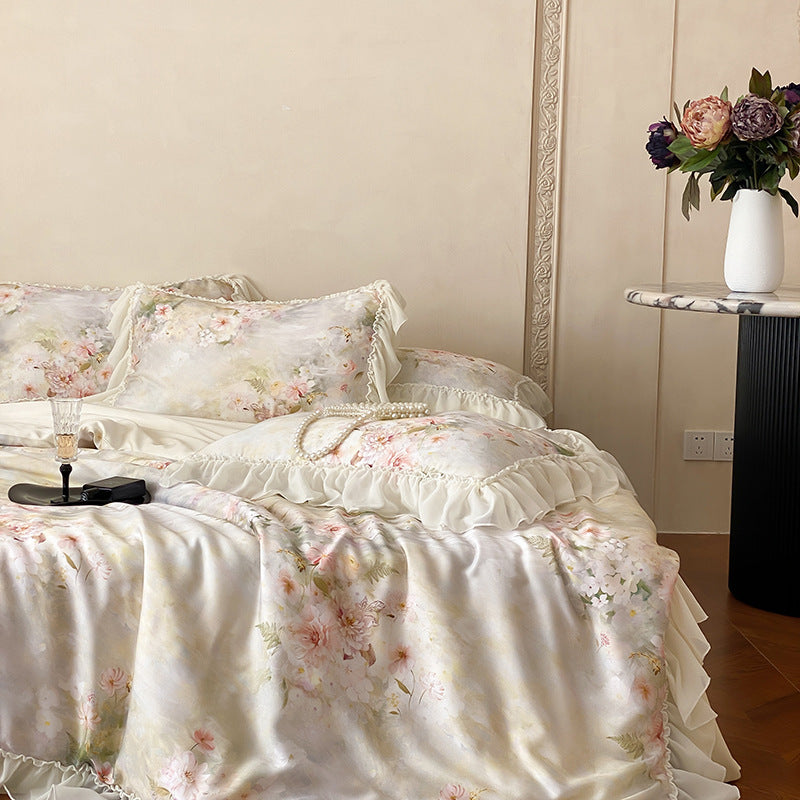 Luxuriöses Floral Satin Bettwäsche Set mit Rüschensaum