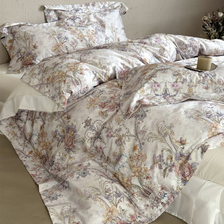 Umkehrbare Baumwollsatin Bettbezugset mit Vintage Aquarell Scroll Blumenmuster