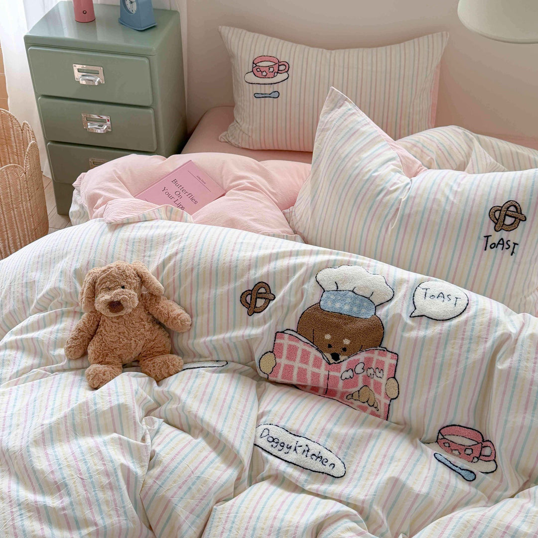Bestickte Baumwoll-Bettdeckenbezug-Sets mit niedlichem Bären-Patchwork