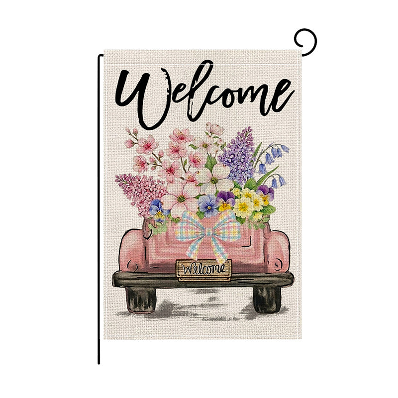 Dekorative doppelseitige Outdoor-Gartenflagge mit Vintage-Truck-Blumenstrauß und 'Willkommen'-Schrift