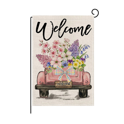 Dekorative doppelseitige Outdoor-Gartenflagge mit Vintage-Truck-Blumenstrauß und 'Willkommen'-Schrift