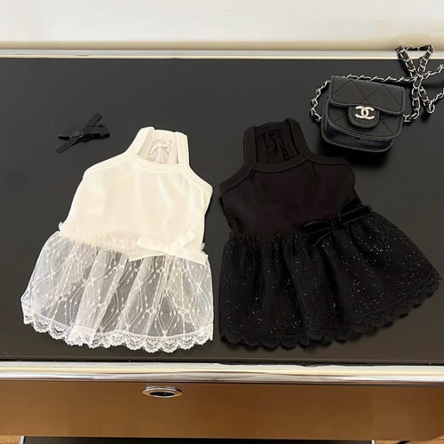 Zartes Spitzen-Tüll-Hundekleid mit gerippter Taille & Dekoration