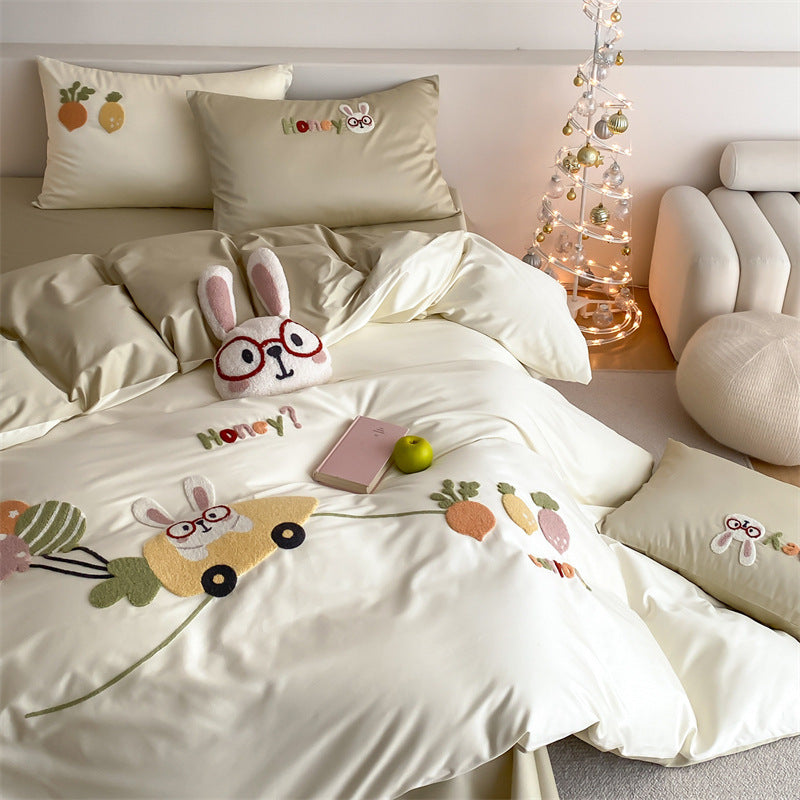 Plüsch Bestickte Baumwollsatin Bettbezug Set mit Hase & Karotten Applikationen