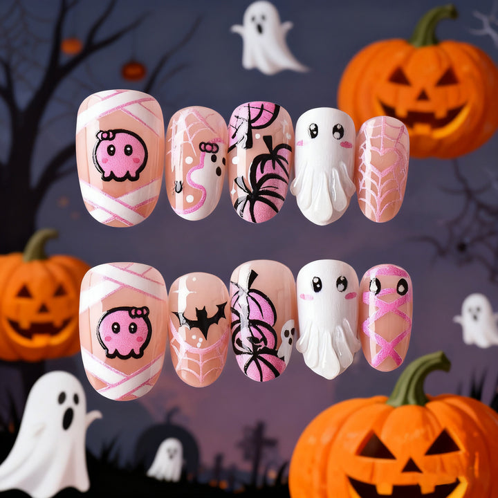 Themenbezogenes Halloween-Geister- und Spinnen-Press-On-Nagel-Set