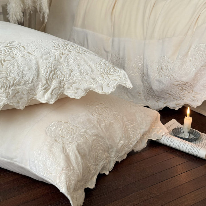 Luxus Bestickter Rosen Wellenrand Baumwollsatin Bettbezug Set
