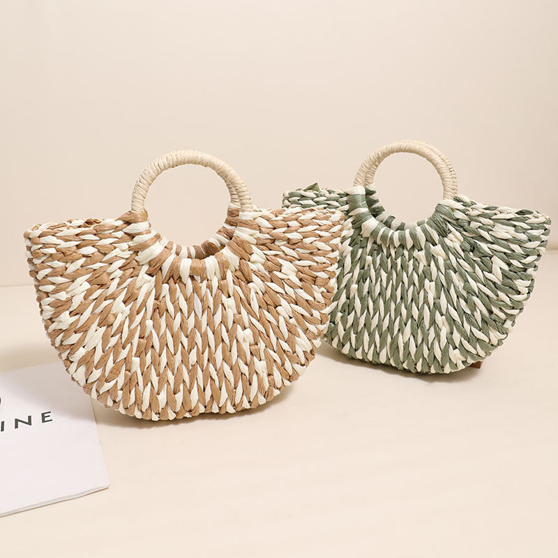Damen Trendige Bast-Handtasche mit rundem Griff Karnz