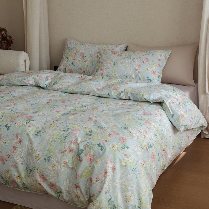 Baumwollsatin-Bettwäschegarnitur mit feinem Aquarell-Blumenmuster und weichem Griff