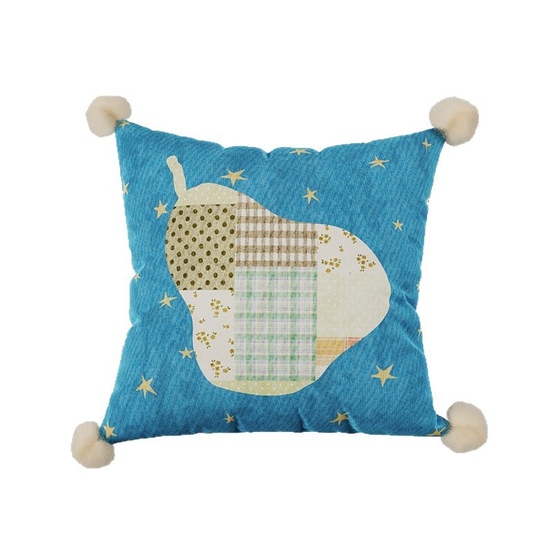Patchwork Pear Appliqué Decorative Throw Pillow with Pom-Pom Corners