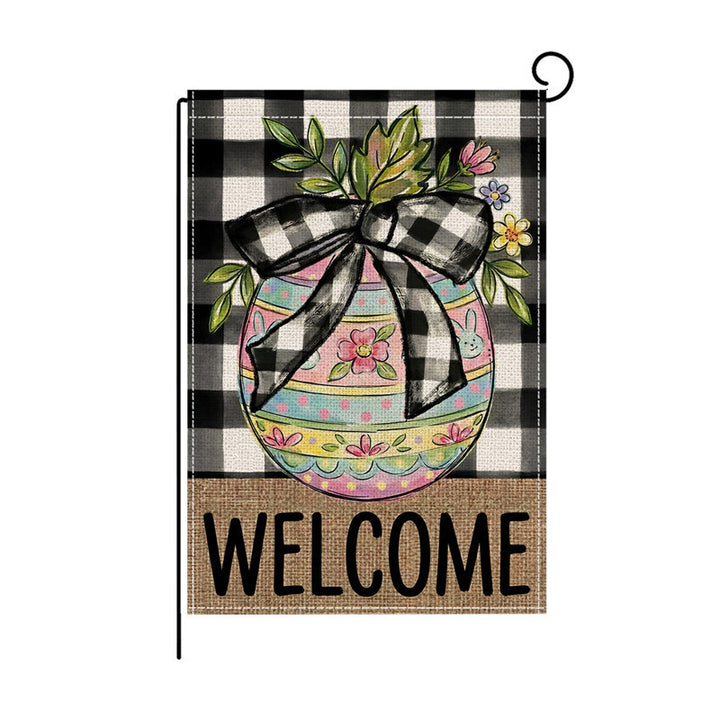 Dekorative doppelseitige Jute-Oster-Gartenflagge mit Buffalo-Check-Hasen-Trio