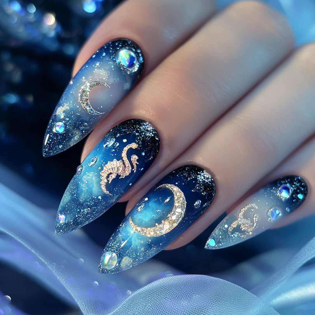 Elegante und kreative Stiletto Kunstnägel mit glitzerndem Sternen-Design Karnz