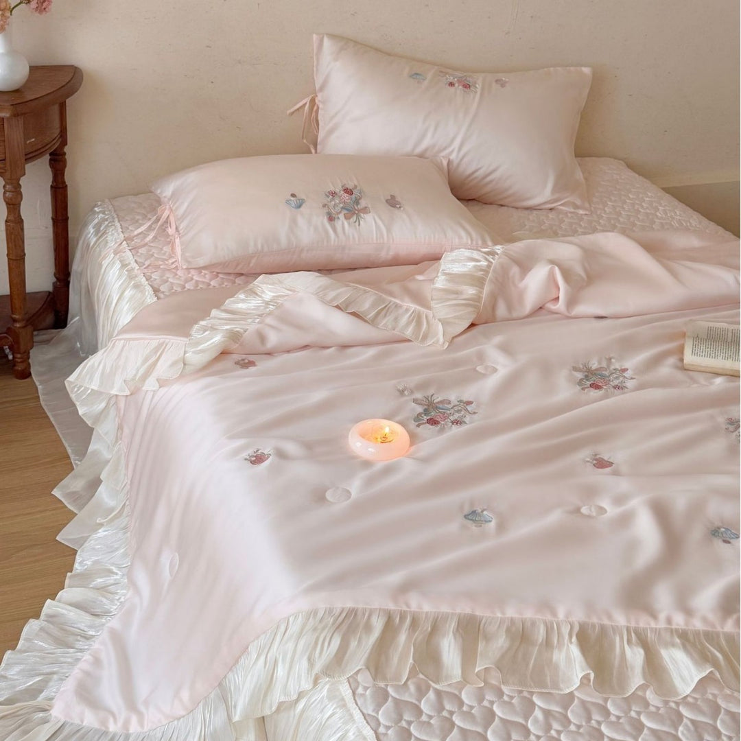 Luxury Satin Embroidered Ruffled Duvet Cover Set