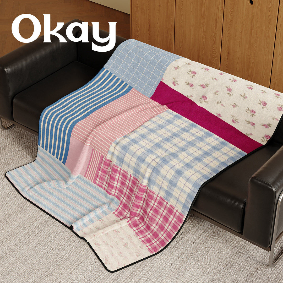Reversible Patchwork Plush Throw Blanket with Mixed Plaid Stripes and Floral Panels