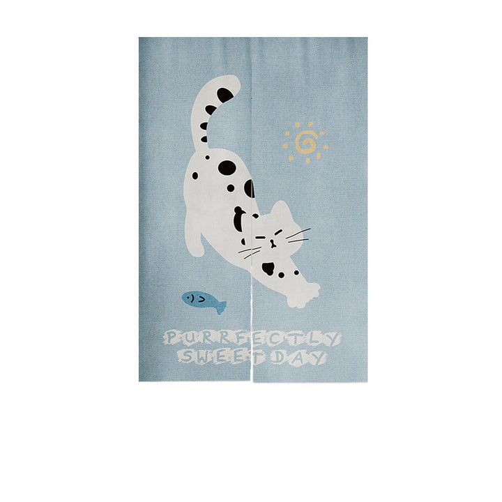 Split Noren Doorway Curtain with Cat-on-Sofa Illustration and Playful Yarn Motif