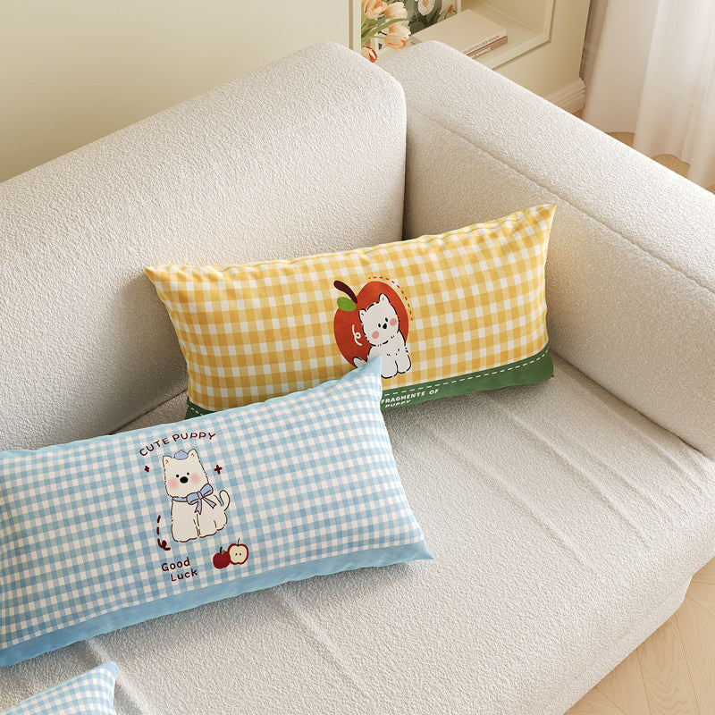 Cartoon Puppy Gingham Square Throw Pillow Cover with Hidden Zipper Linen-Blend Texture