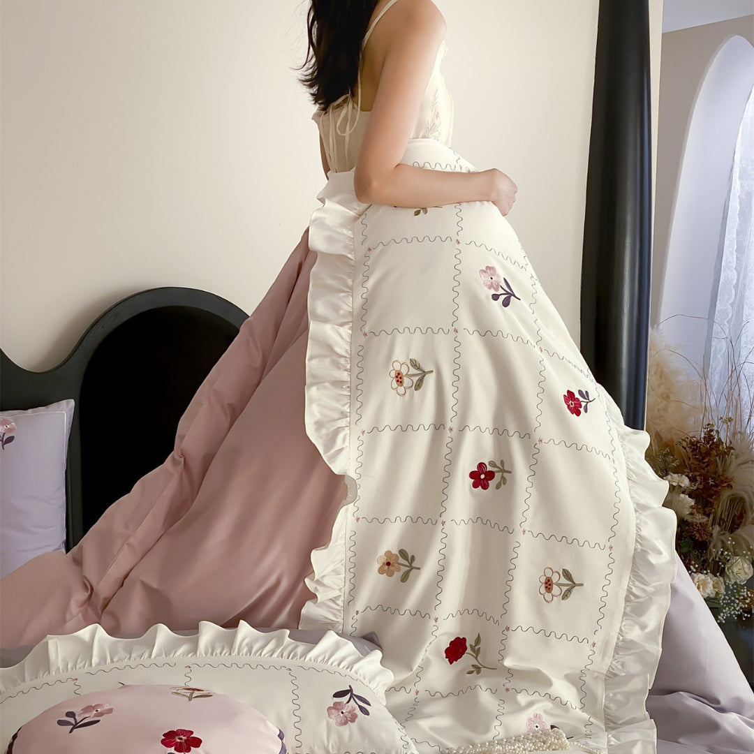 Romantisches Rüsch-Patchwork bestickte Baumwolle Bettwäsche Set