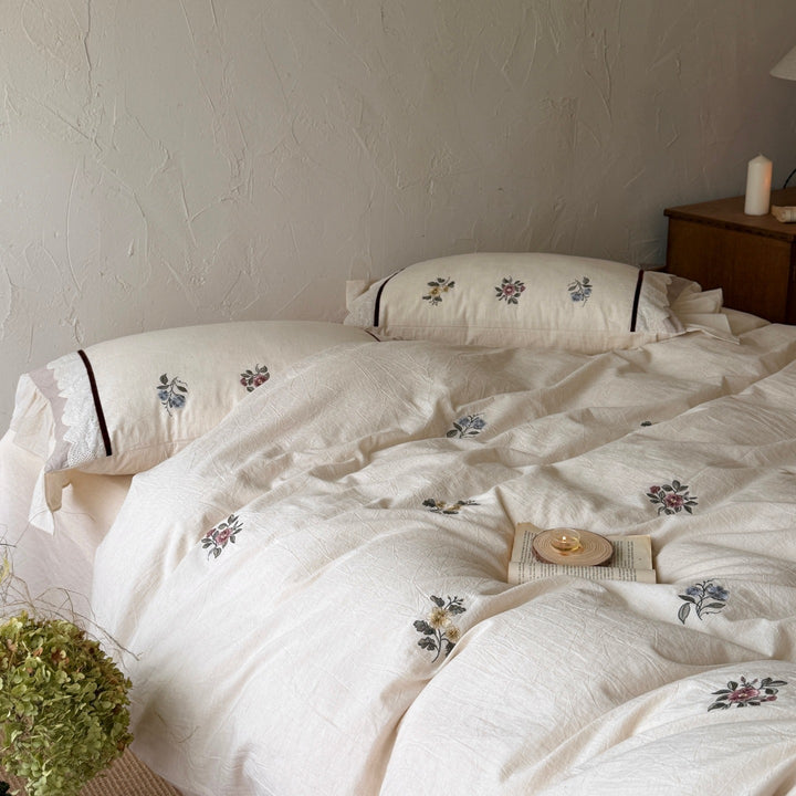 Botanisch Besticktes Leichtes Stonewashed Baumwoll-Leinen Bettbezugset