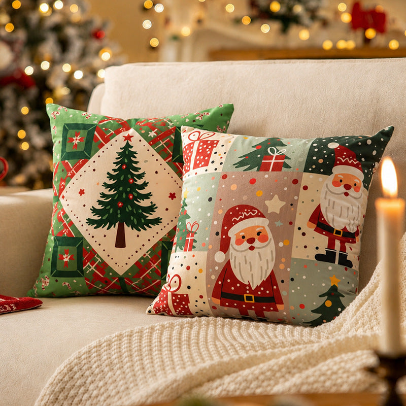 Weihnachtliches quadratisches Dekokissen mit Patchwork-Print und weichem Microfaserbezug