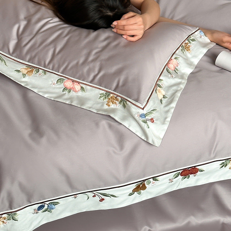 Luxus Baumwoll-Satin Bettwäsche Set mit floralem Saum und versteckten Corner-Ties