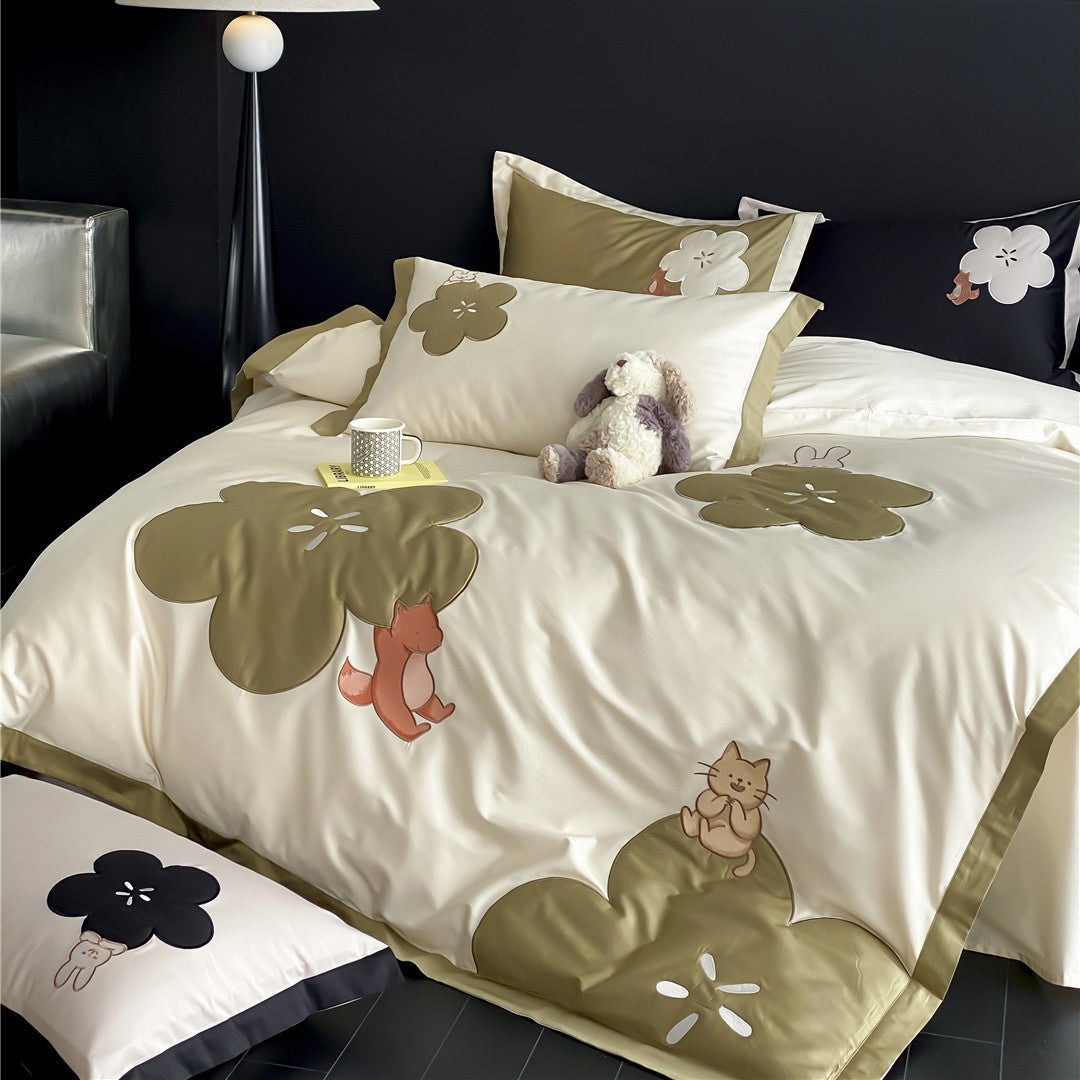 Baumwoll-Satin Bettbezug Set mit bestickter Fuchs und Katze Applikation