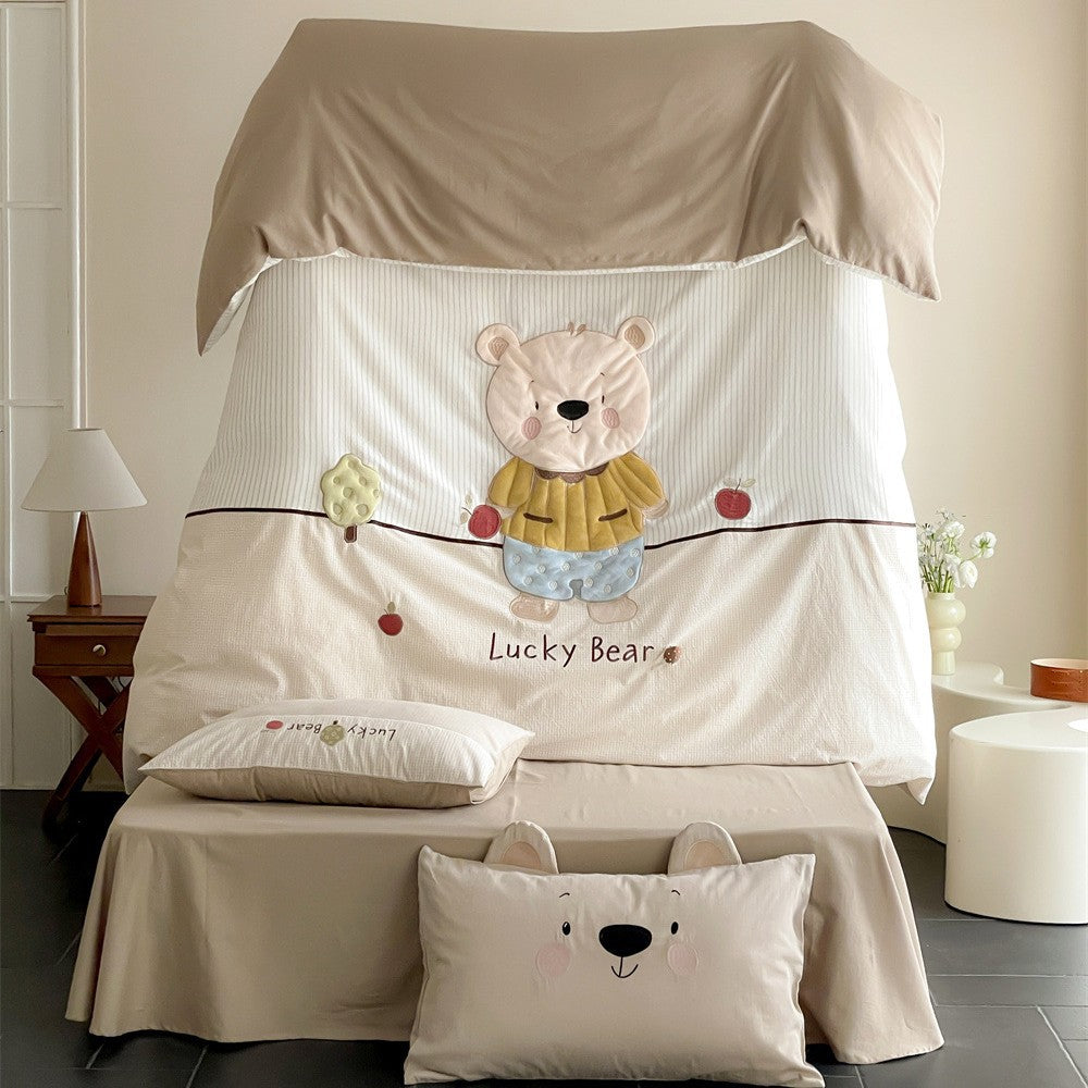 Kinder Appliqué Bär gesteppte Baumwoll-Bettbezug Set mit dekorativem Kissen