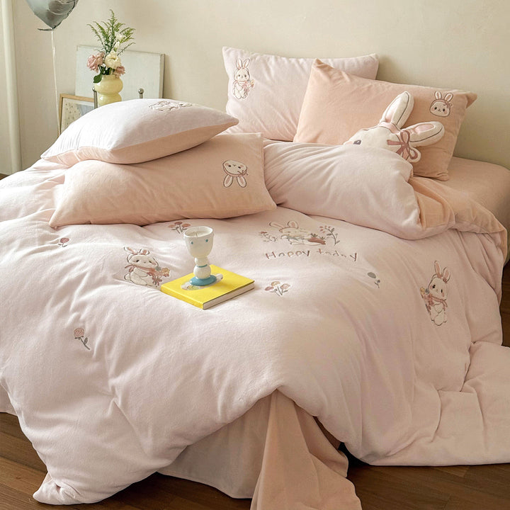 Plüsch Besticktes Kaninchen Bettwäsche Set mit Dekorativem Kaninchenkissen