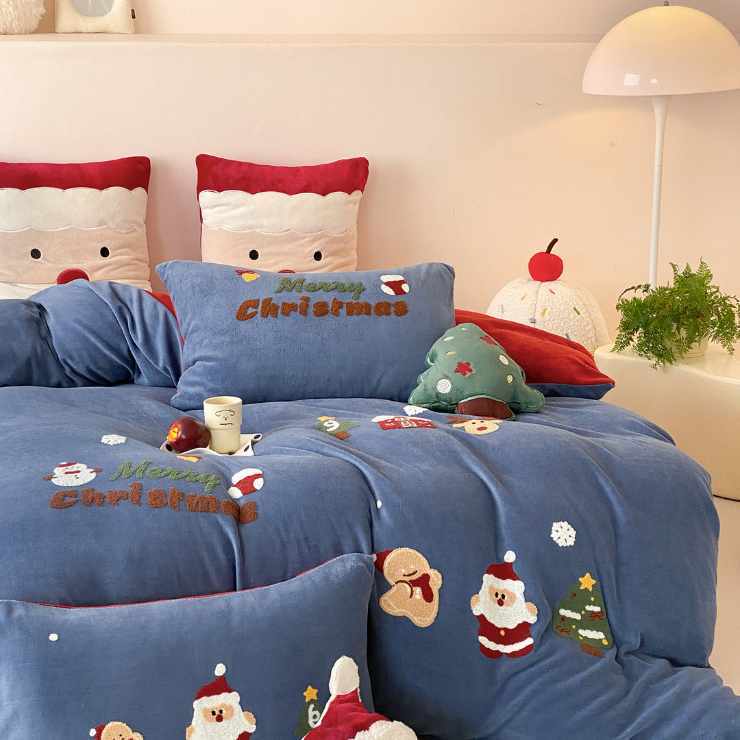 Holiday Embroidered Plush Velvet Reversible Duvet Cover Set with Decorative Pillow Shams