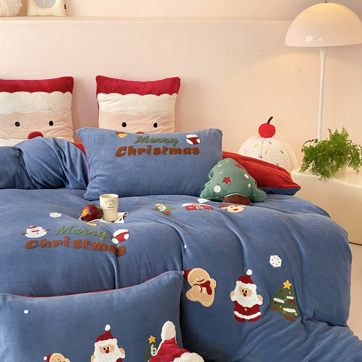 Holiday Embroidered Plush Velvet Reversible Duvet Cover Set with Decorative Pillow Shams